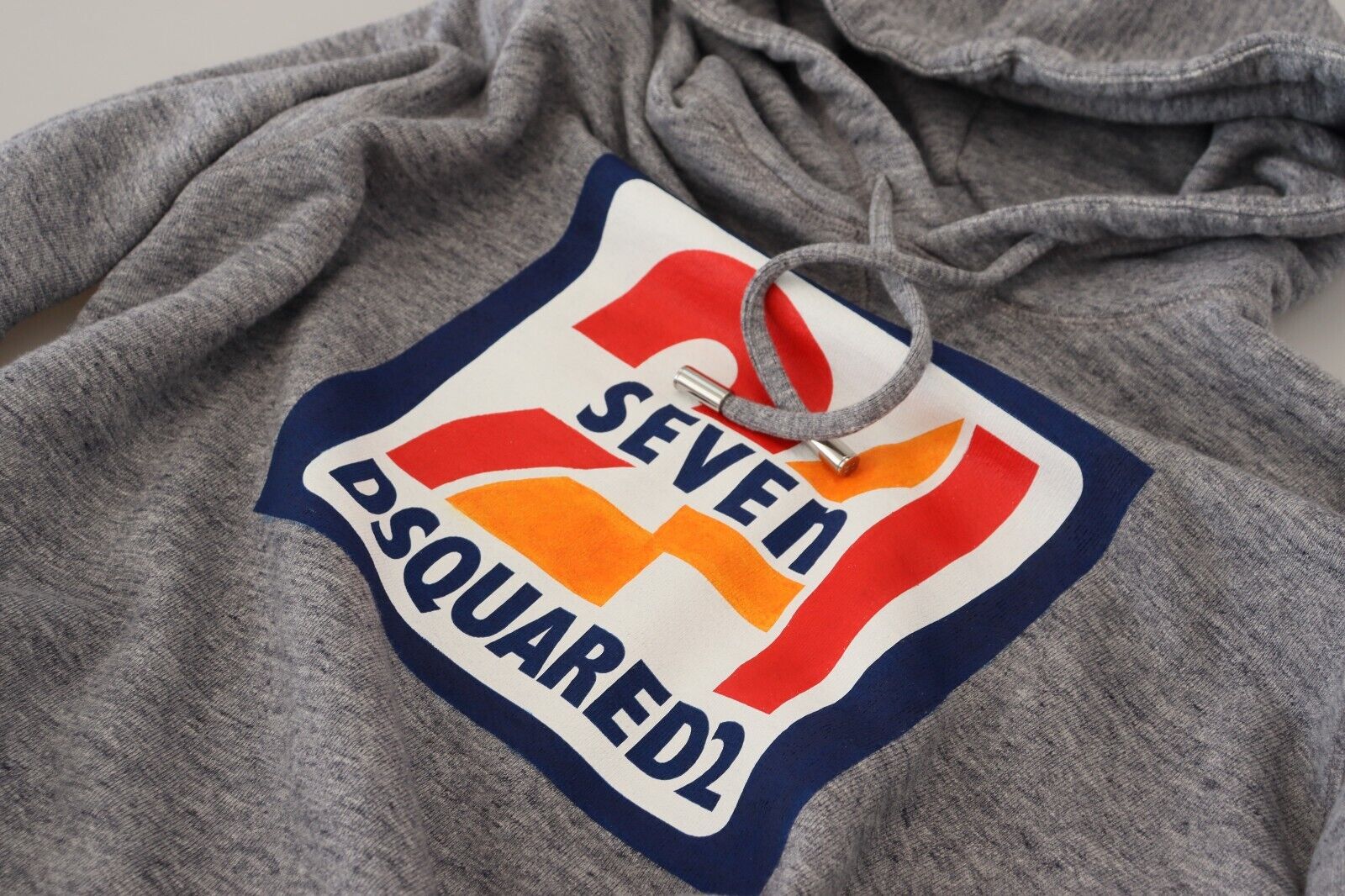 Grey hoodie with red and blue logo