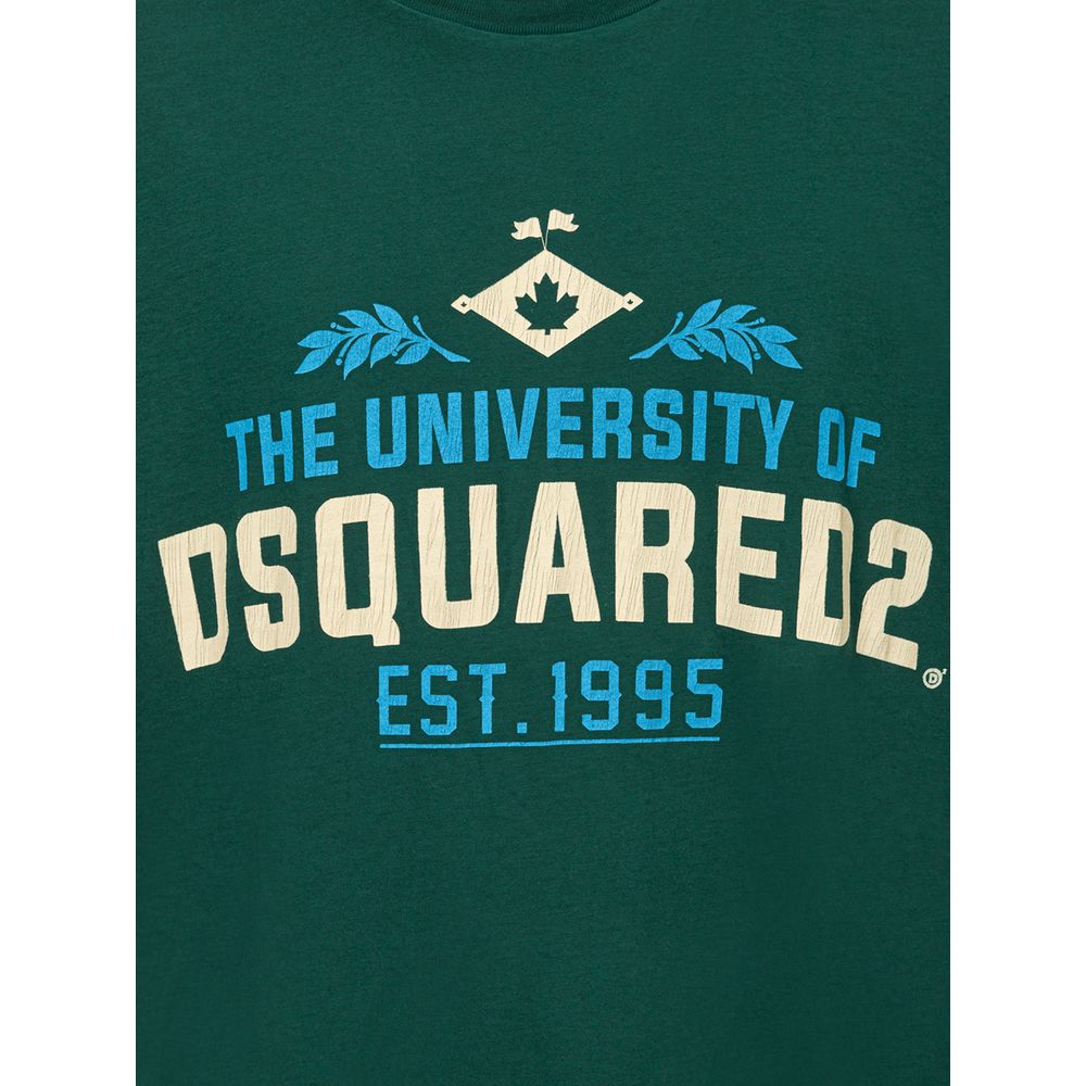Green t-shirt with white lettering featuring a logo for DSquared2