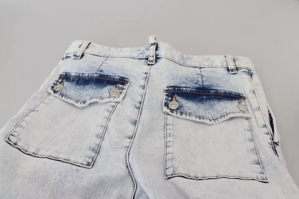 Pair of light blue denim shorts with faded areas and two pockets