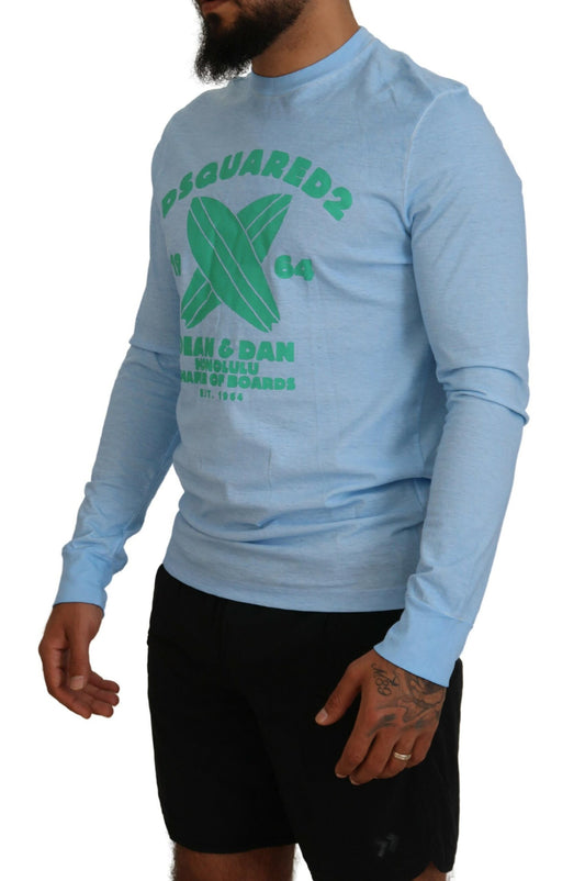 Long sleeve blue shirt with green writing on front