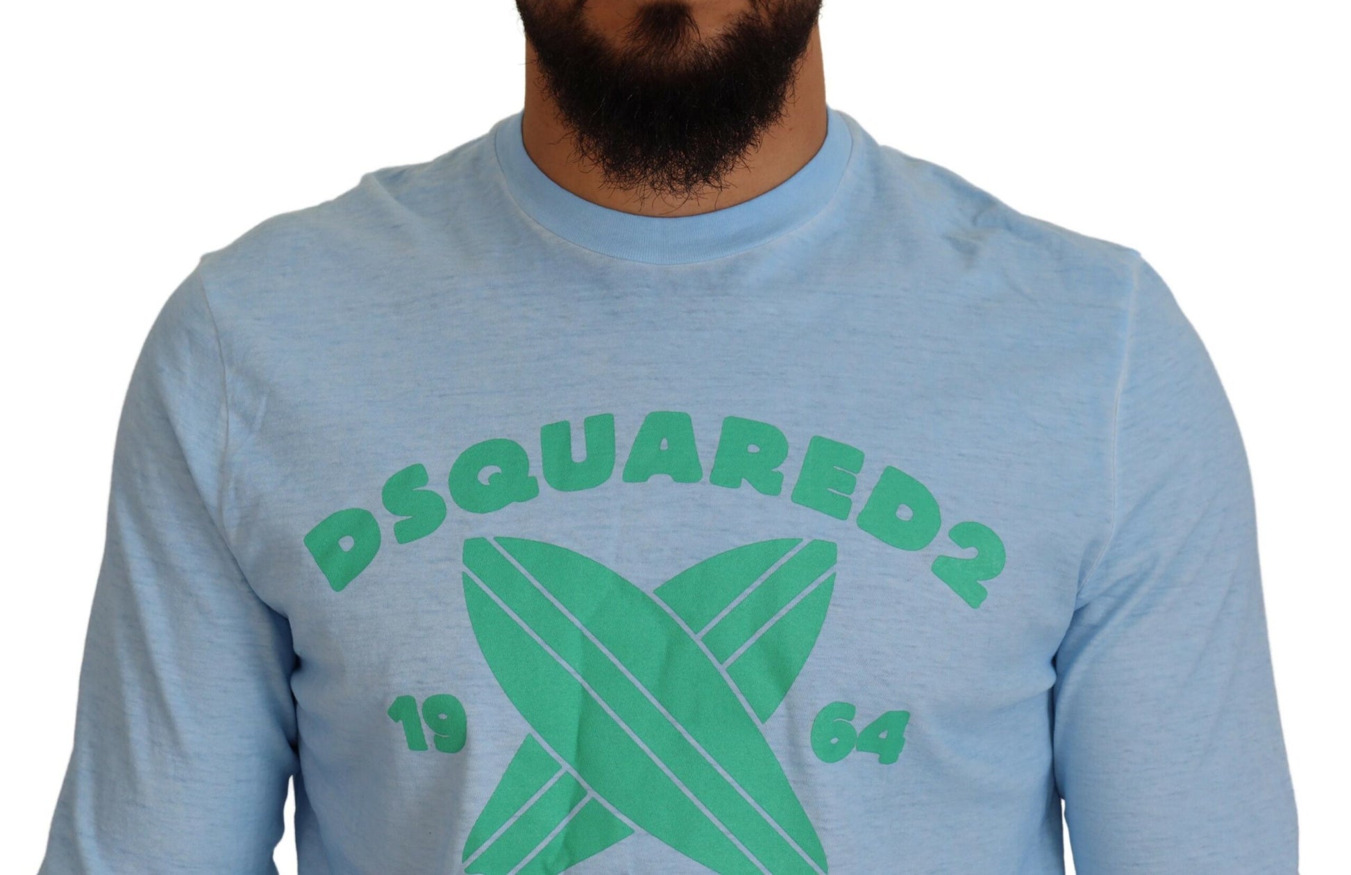 Mannequin wearing blue long sleeve shirt with white lettering and graphic design