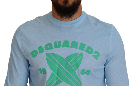 Mannequin wearing blue long sleeve shirt with white lettering and graphic design