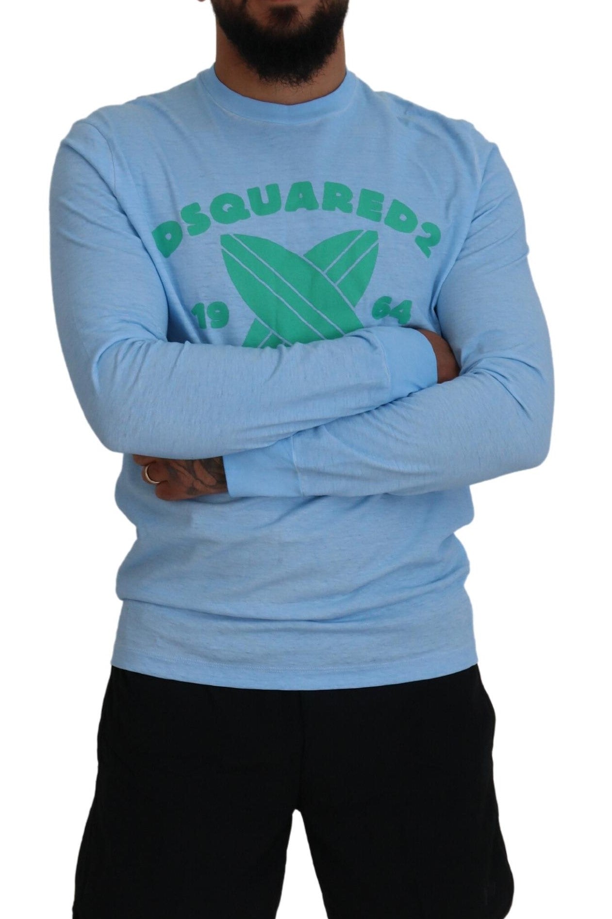 Man wearing blue long sleeve shirt with white lettering