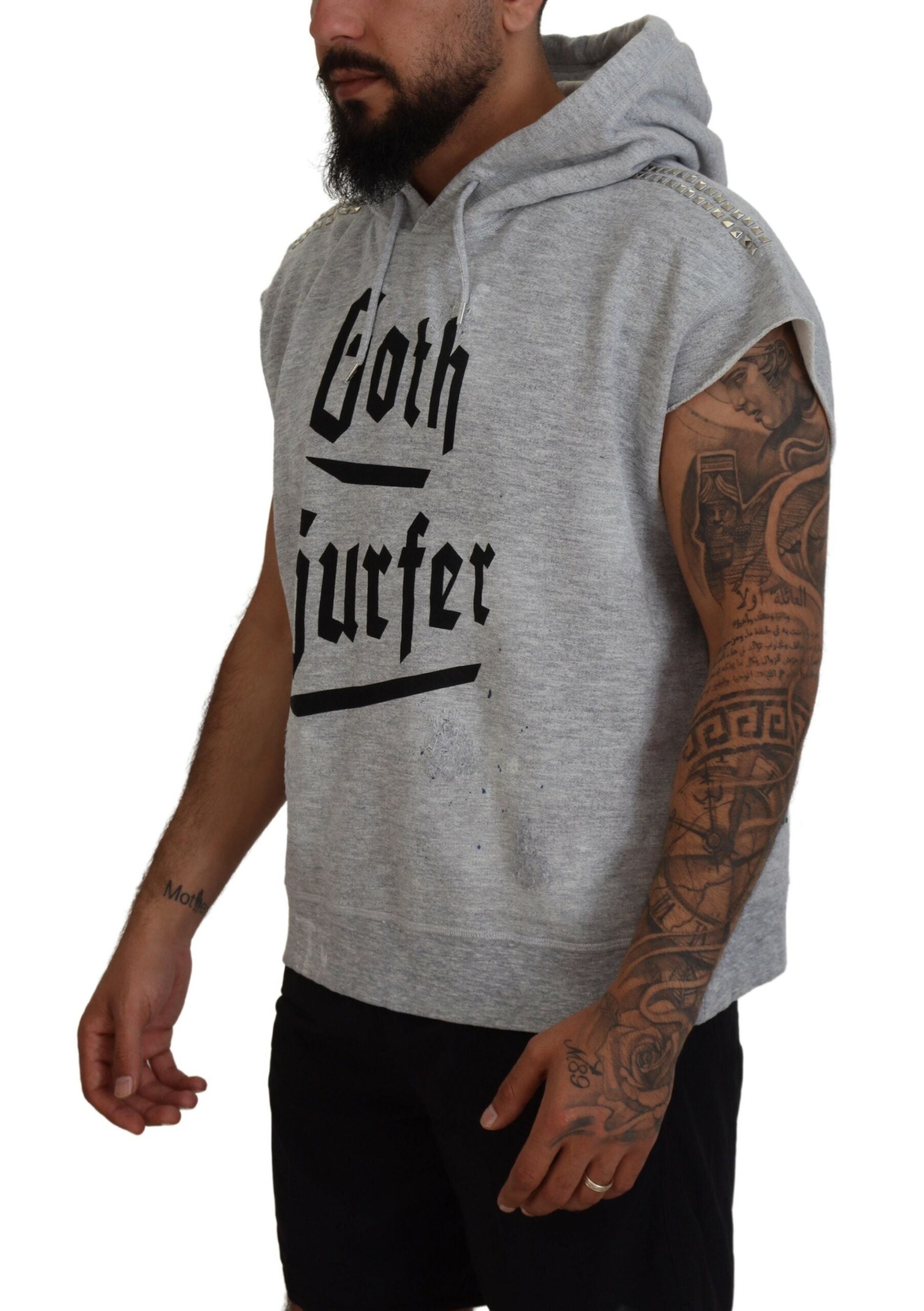 Man wearing grey hoodie with white lettering