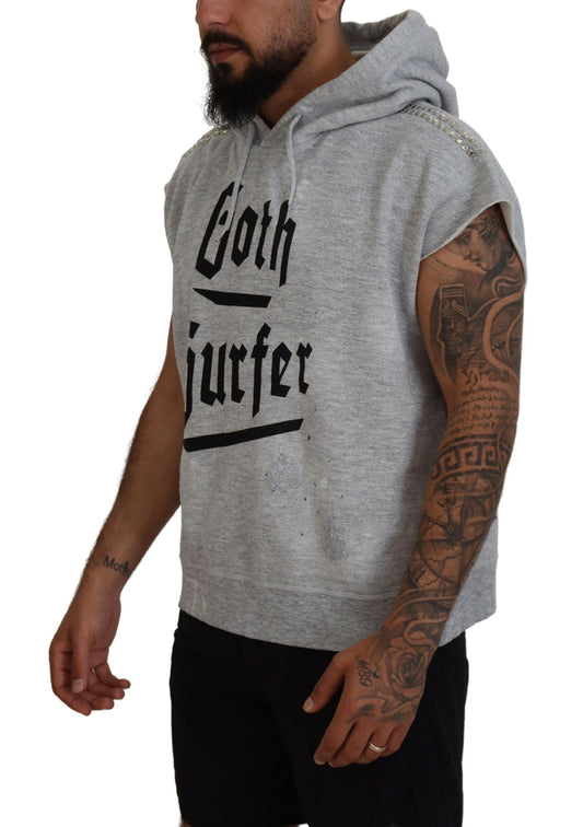 Man wearing grey hoodie with white lettering
