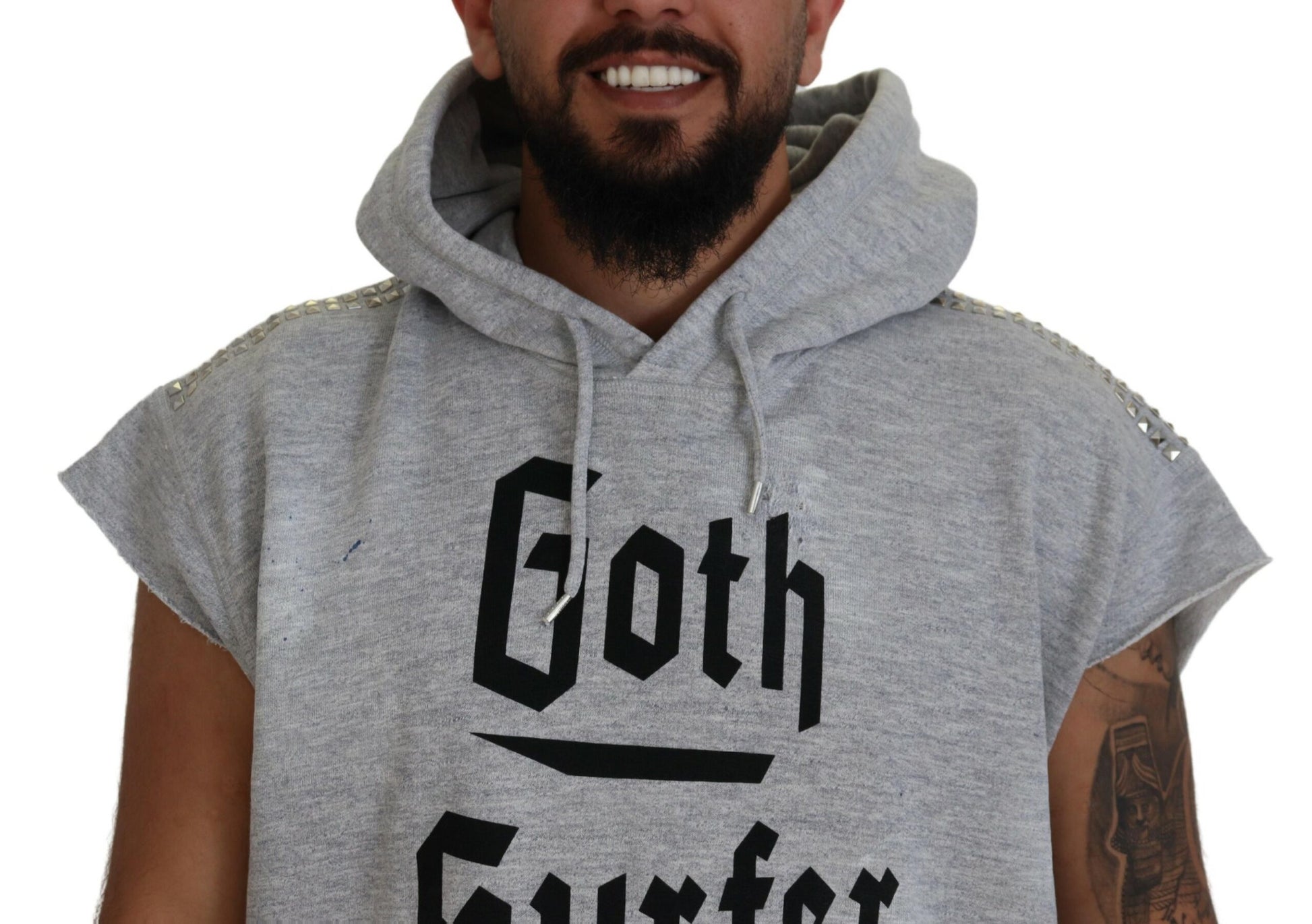 Man wearing a hoodie with the word "Gothic" on it