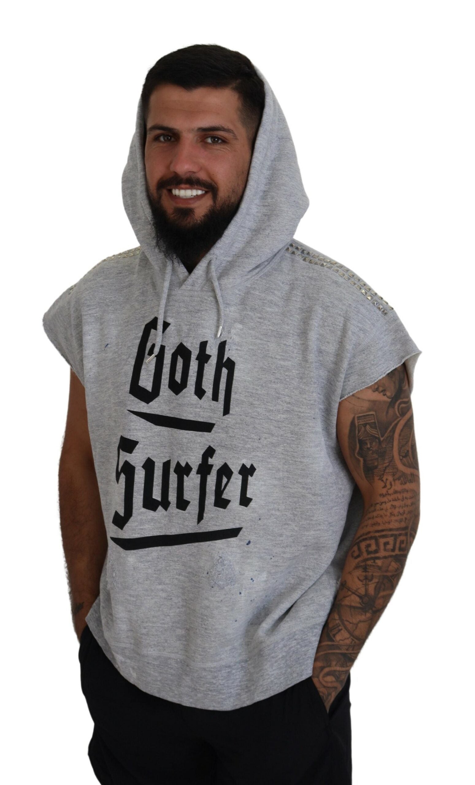 Man wearing gray hoodie with white lettering