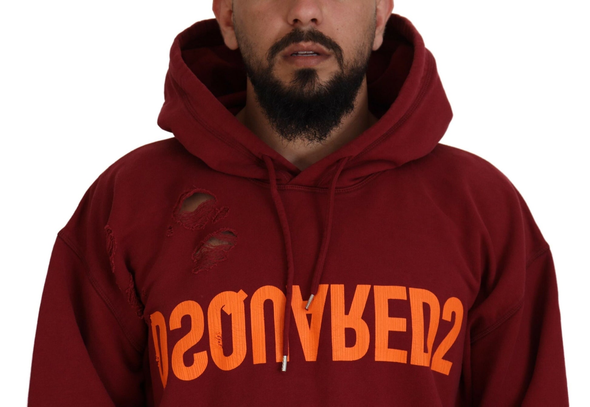 Man wearing red hoodie with orange letters