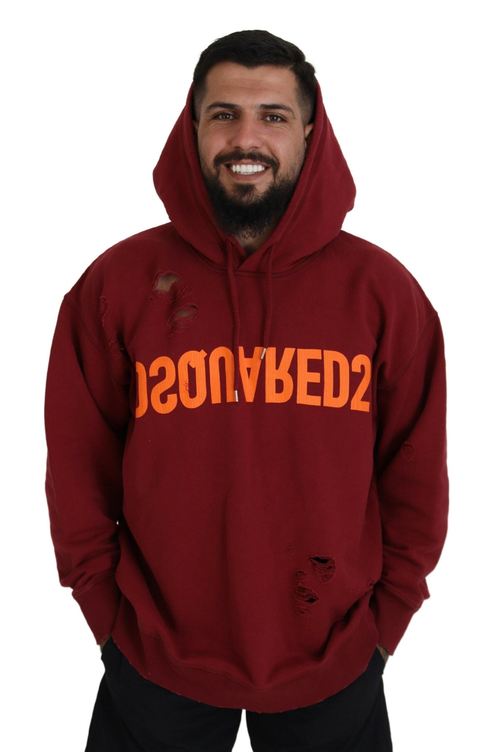 Man wearing red hoodie with orange letters