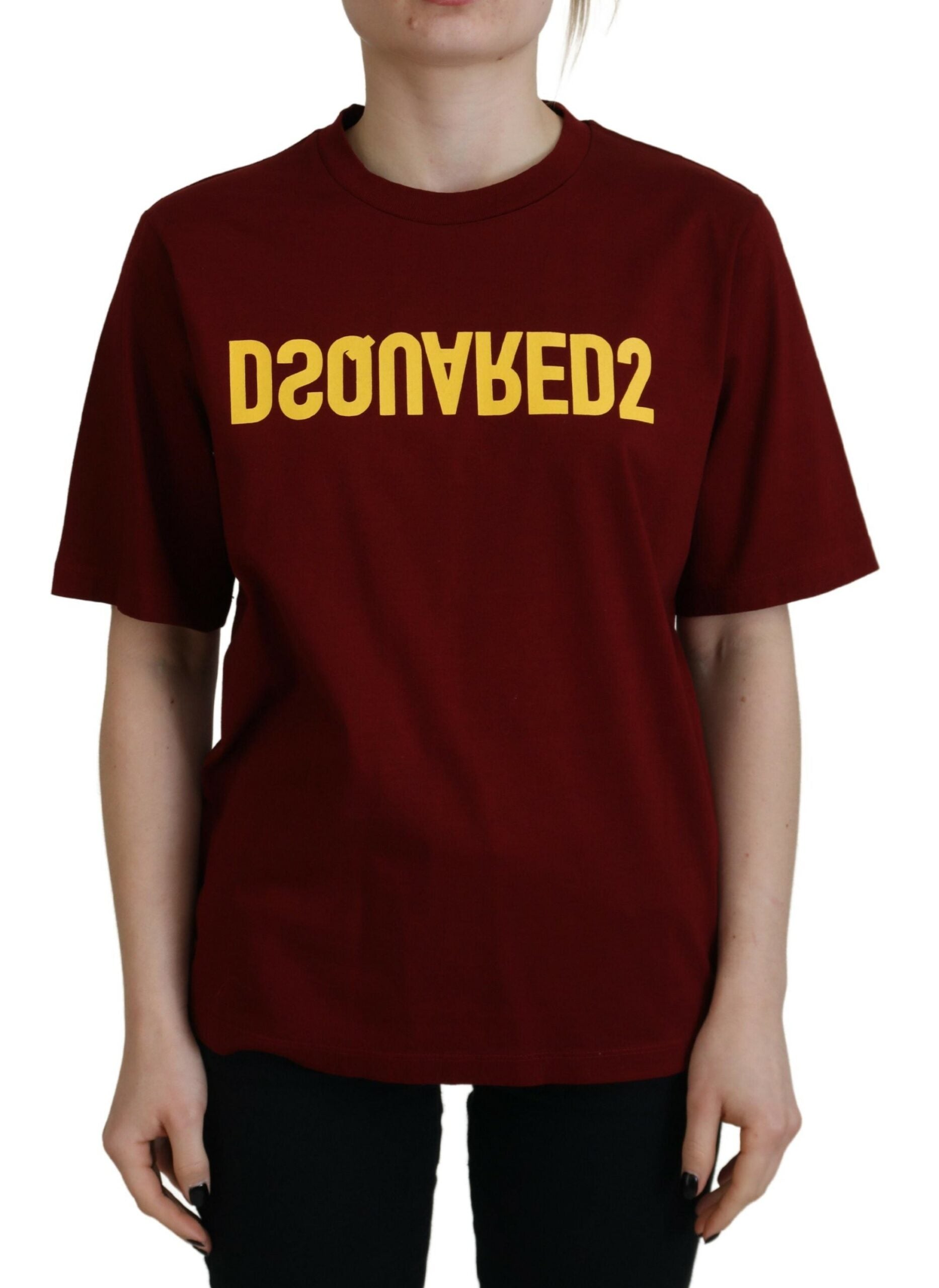 Red t-shirt with yellow lettering