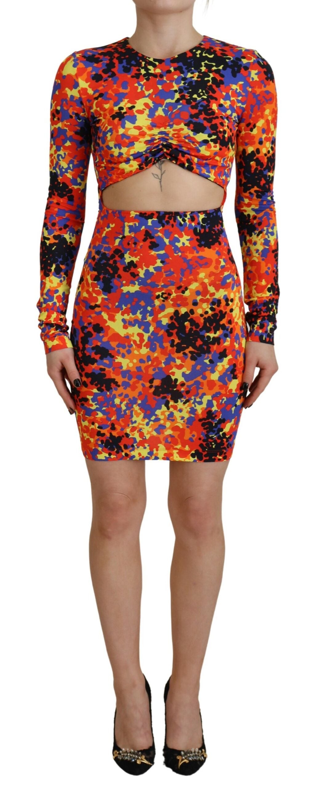 A colorful, short-sleeved dress with a high neckline and an open belly design