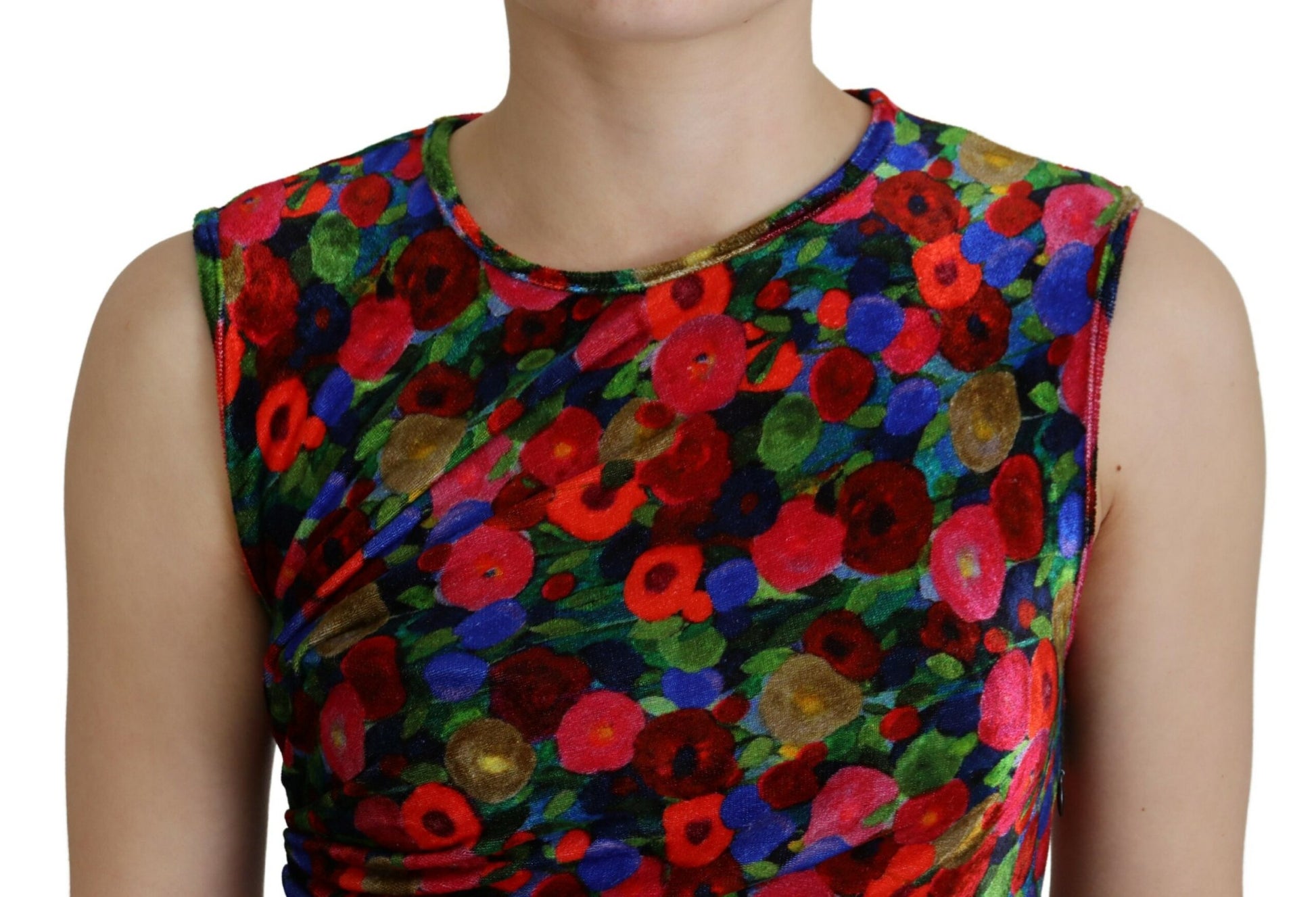 A colorful floral bodycon dress with ruched detailing