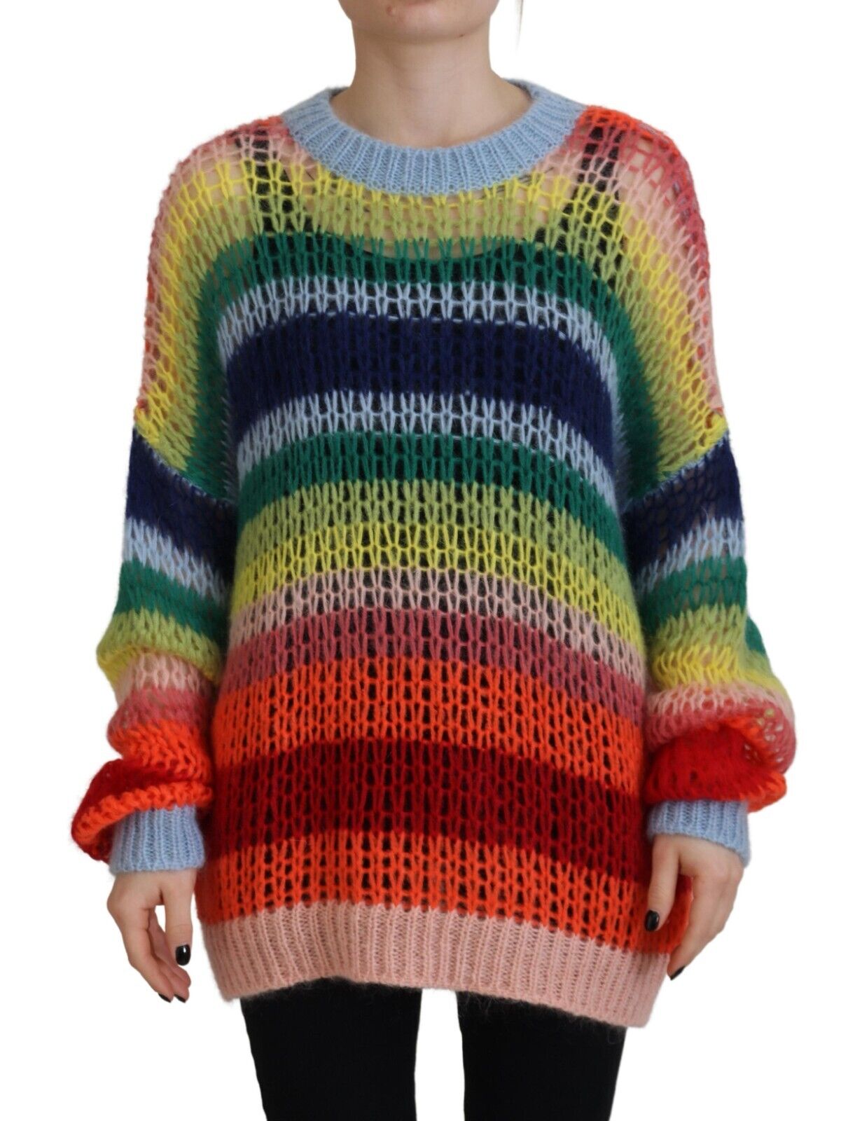 Colorful crocheted sweater worn by a person