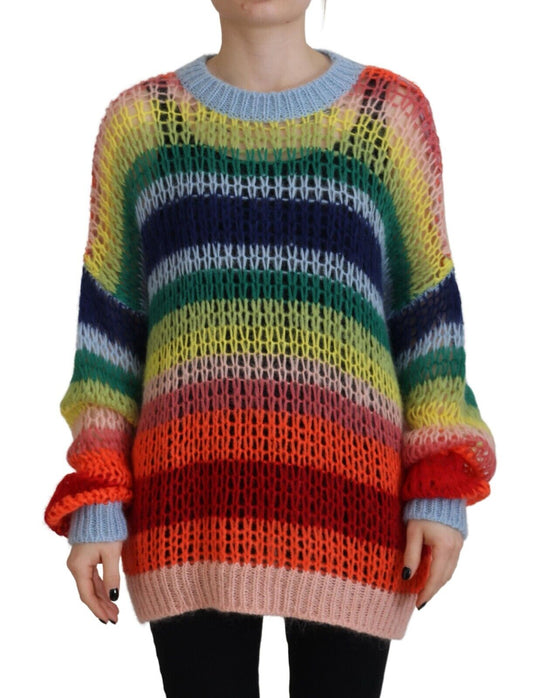 Colorful crocheted sweater worn by a woman