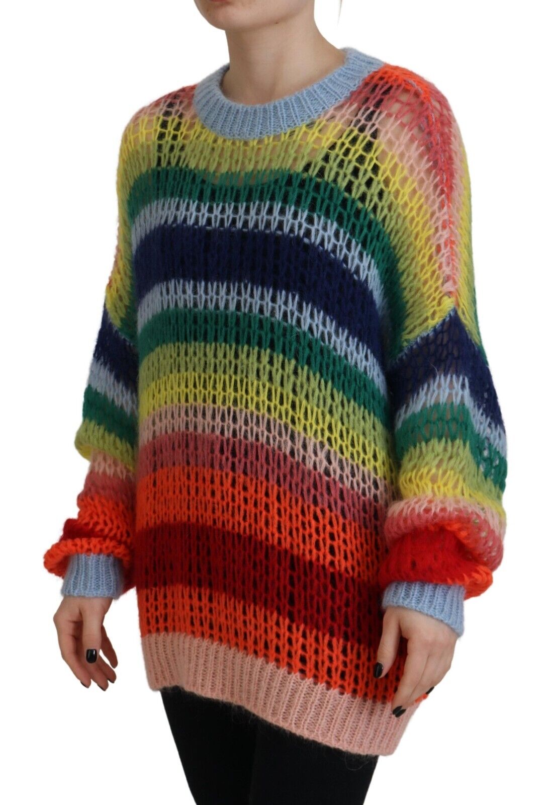 Colorful crocheted sweater worn by a woman