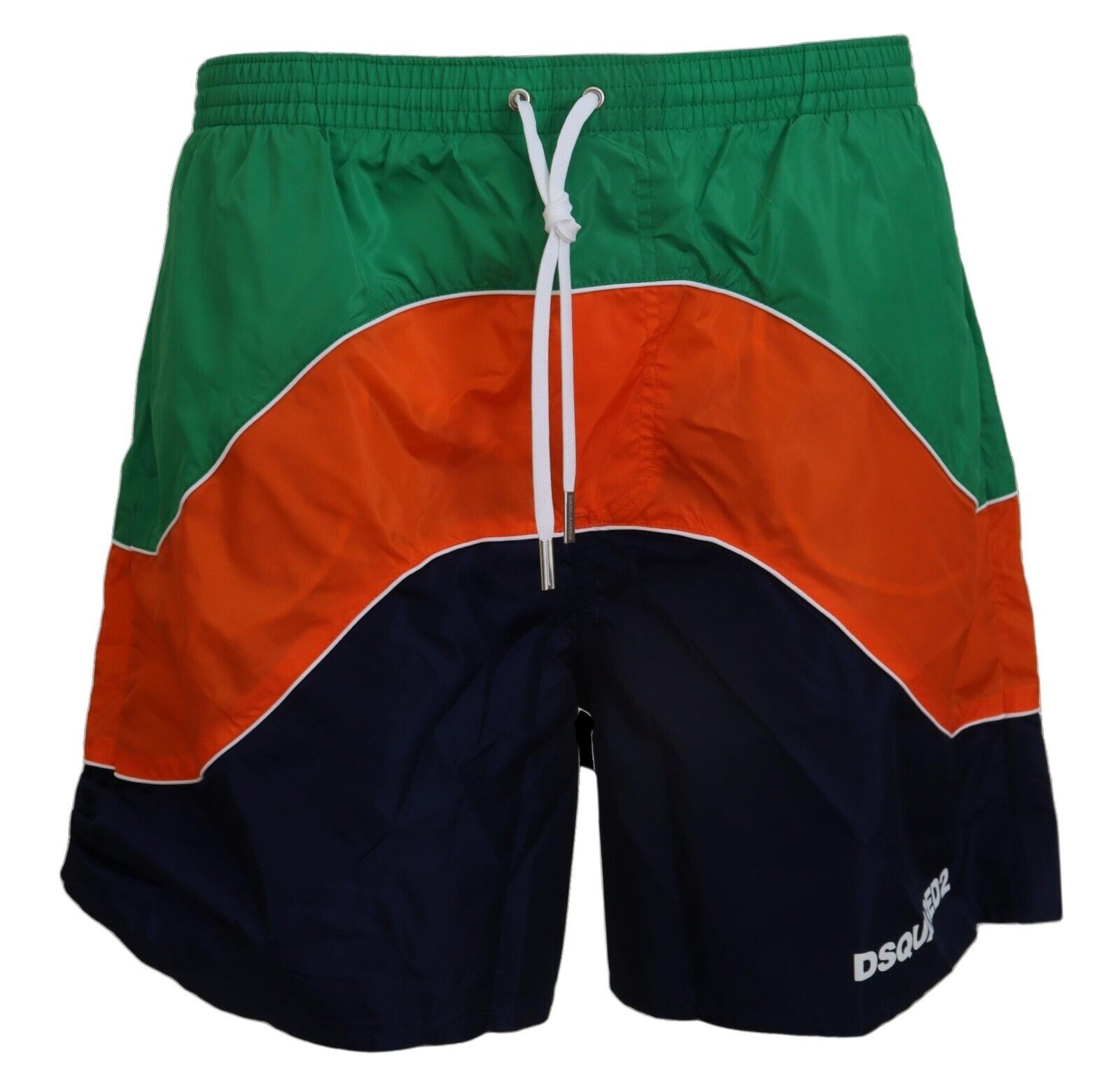Swim trunks with green, orange, blue, and black stripes