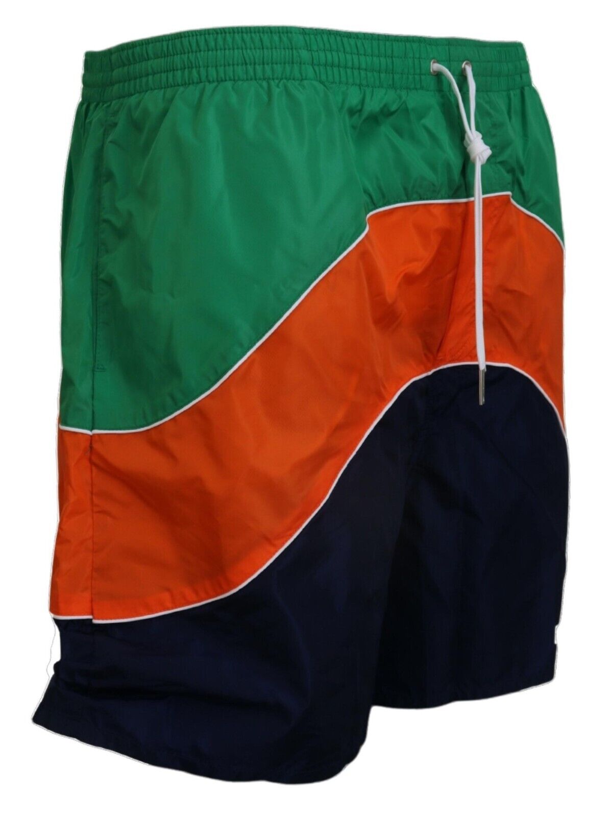 Green, orange, blue swim trunks
