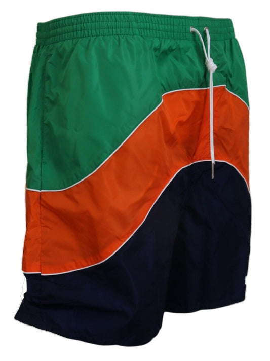 Green, orange, blue swim trunks