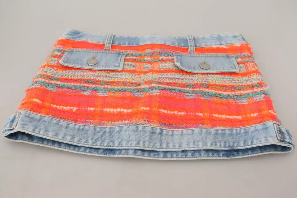 Denim skirt with colorful pattern on waistband