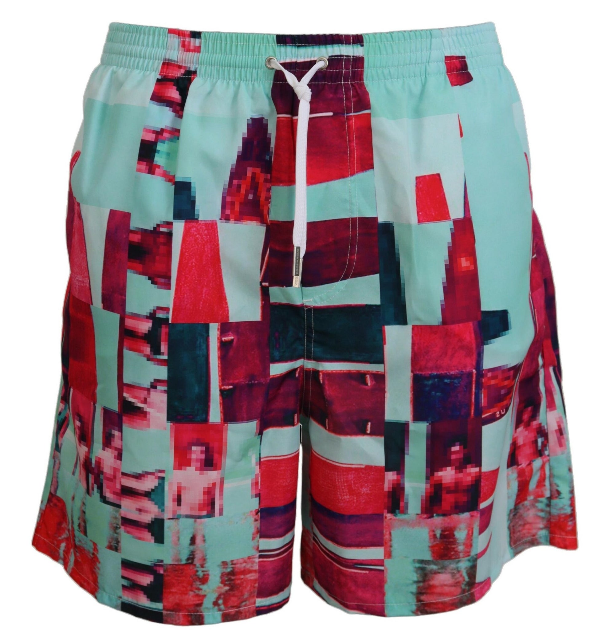 Colorful swim trunks with a collage design