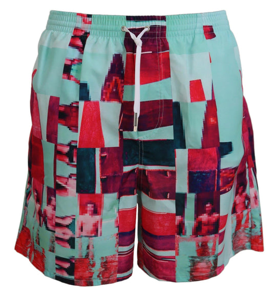 Colorful swim trunks with a collage design