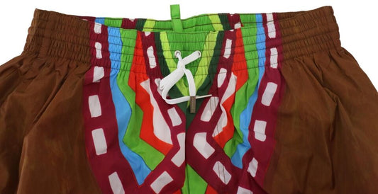 Brown shorts with colorful designs on front