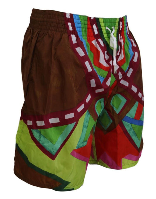 Colorful swim trunks with geometric pattern
