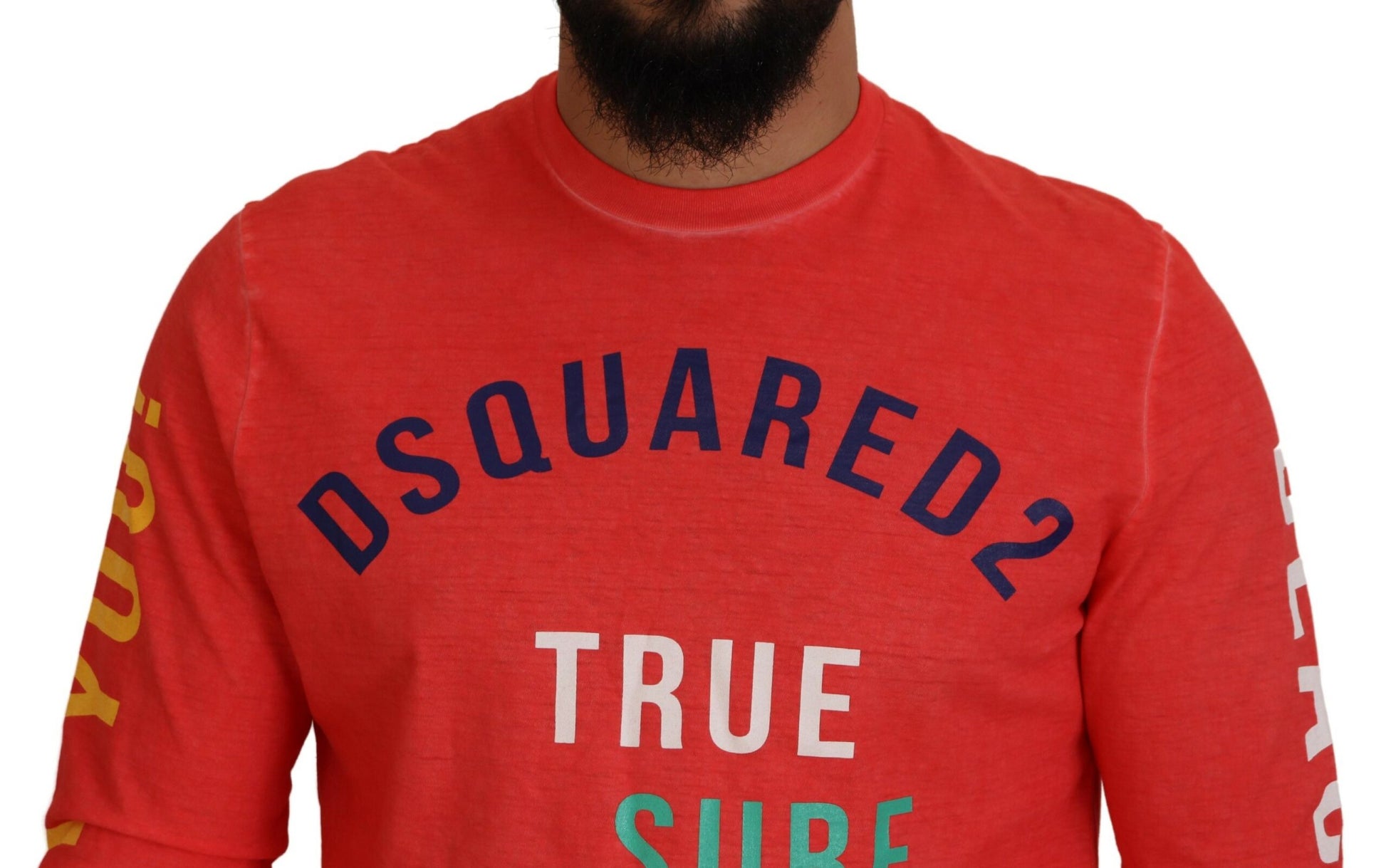 Red long sleeve shirt with white lettering