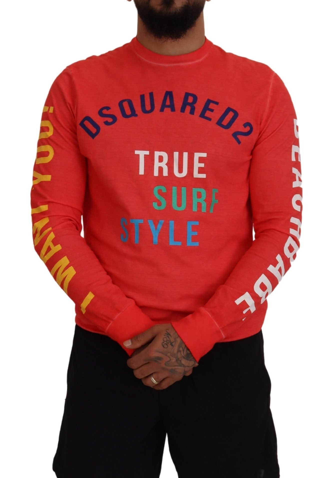 Man wearing long sleeve red sweatshirt with colorful text