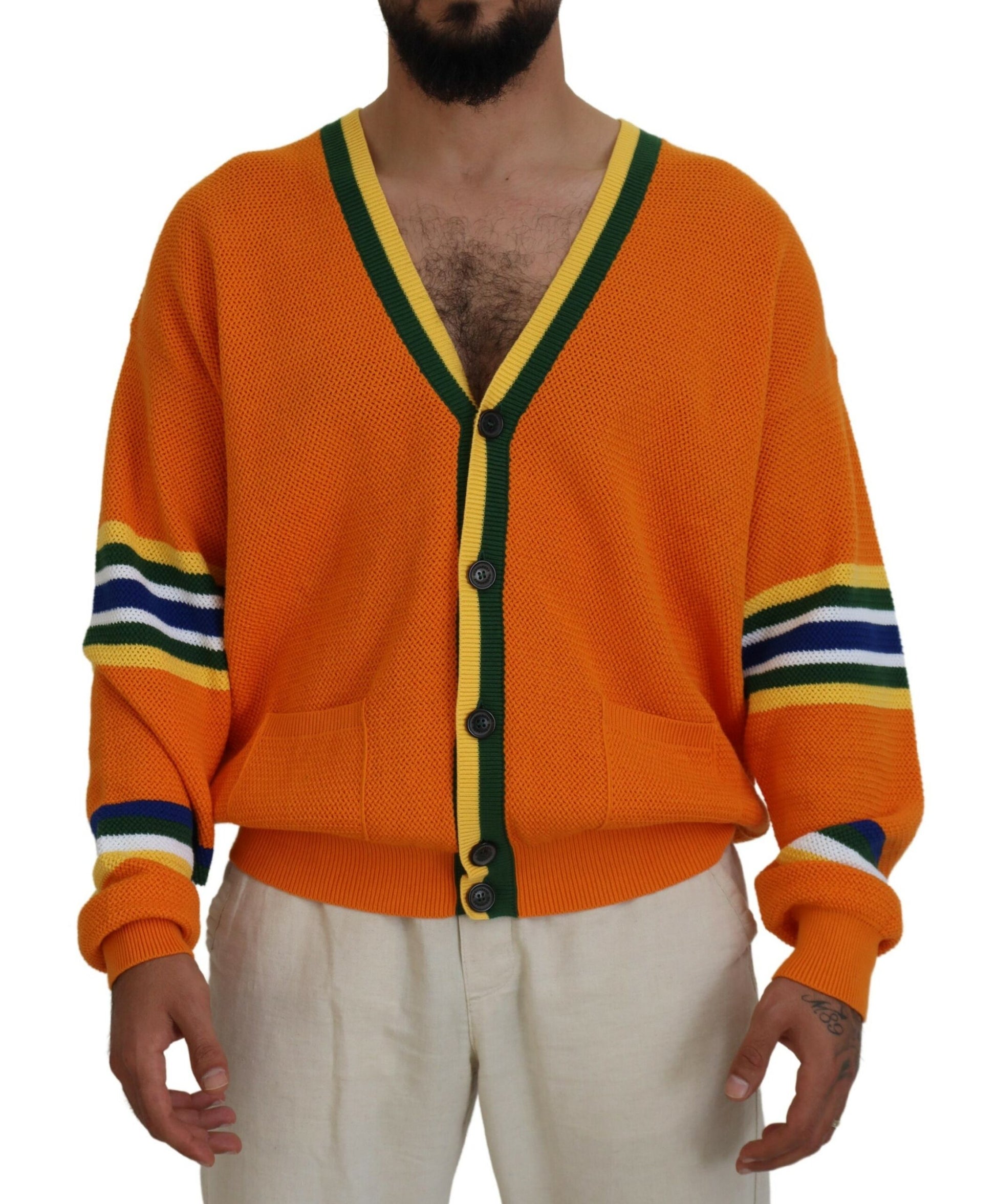 Man wearing orange sweater with yellow stripes on sleeves