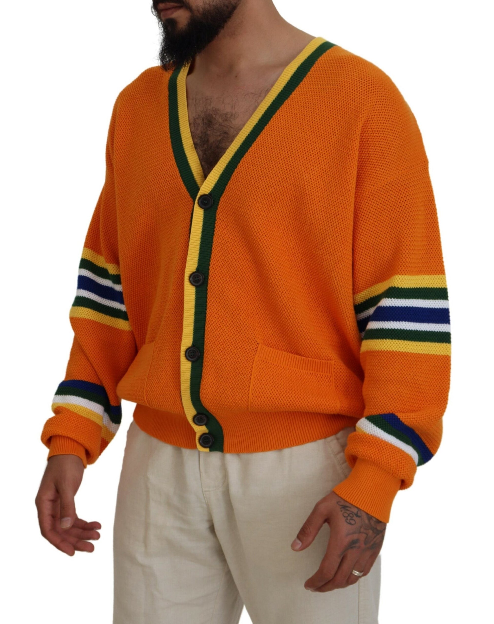 Man wearing orange sweater with yellow stripes