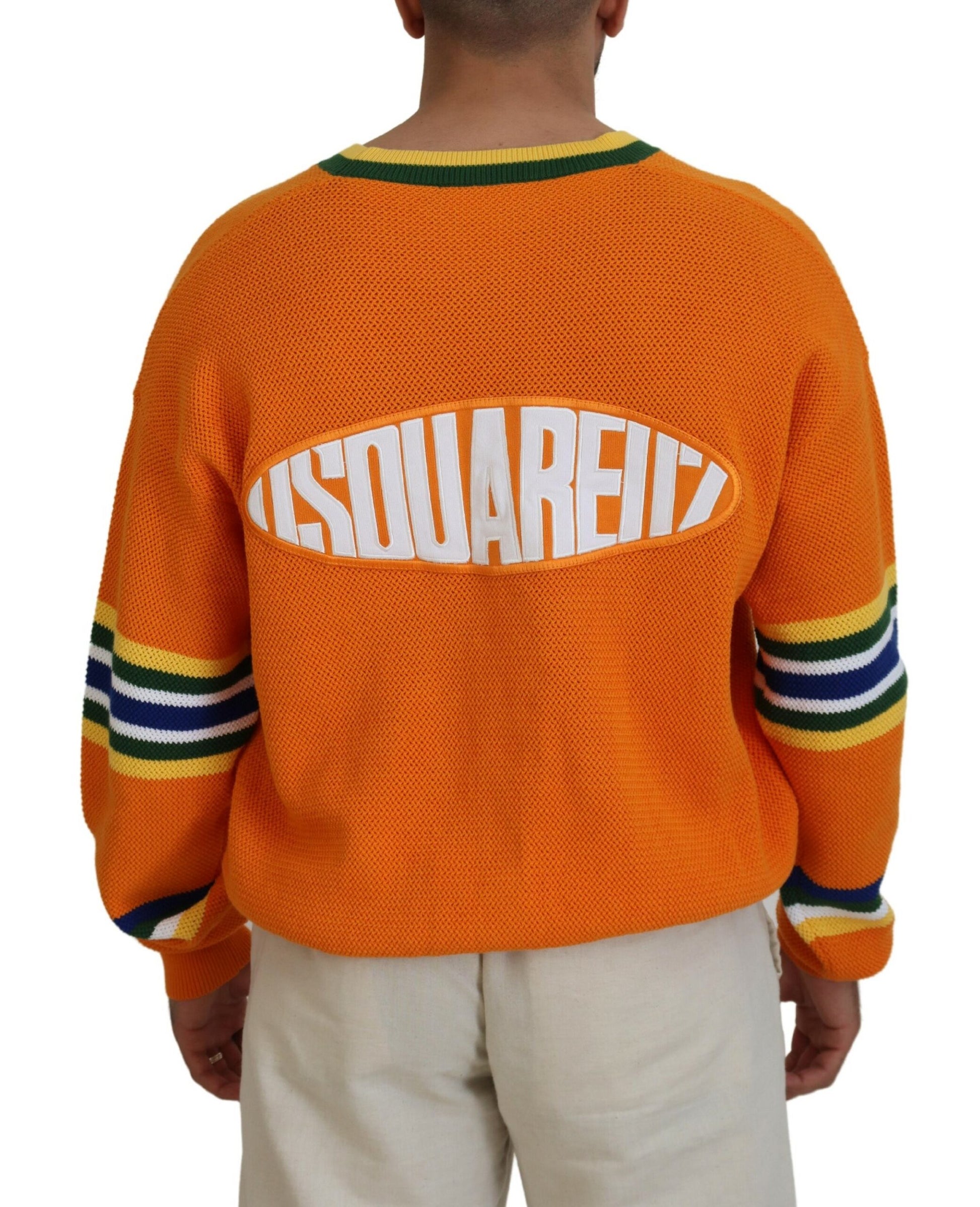 Man wearing orange sweater with white lettering