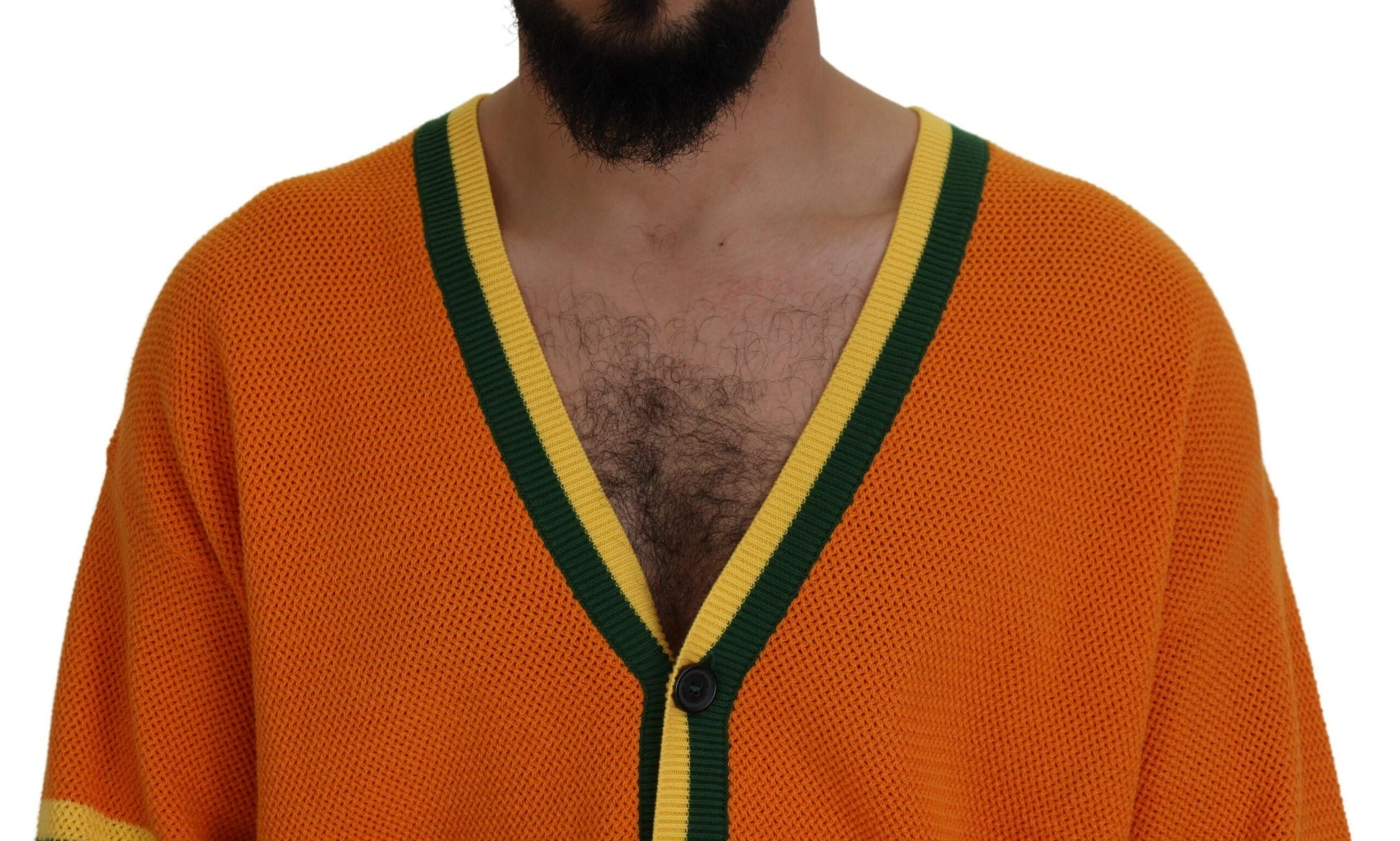 Man wearing orange sweater with yellow trim