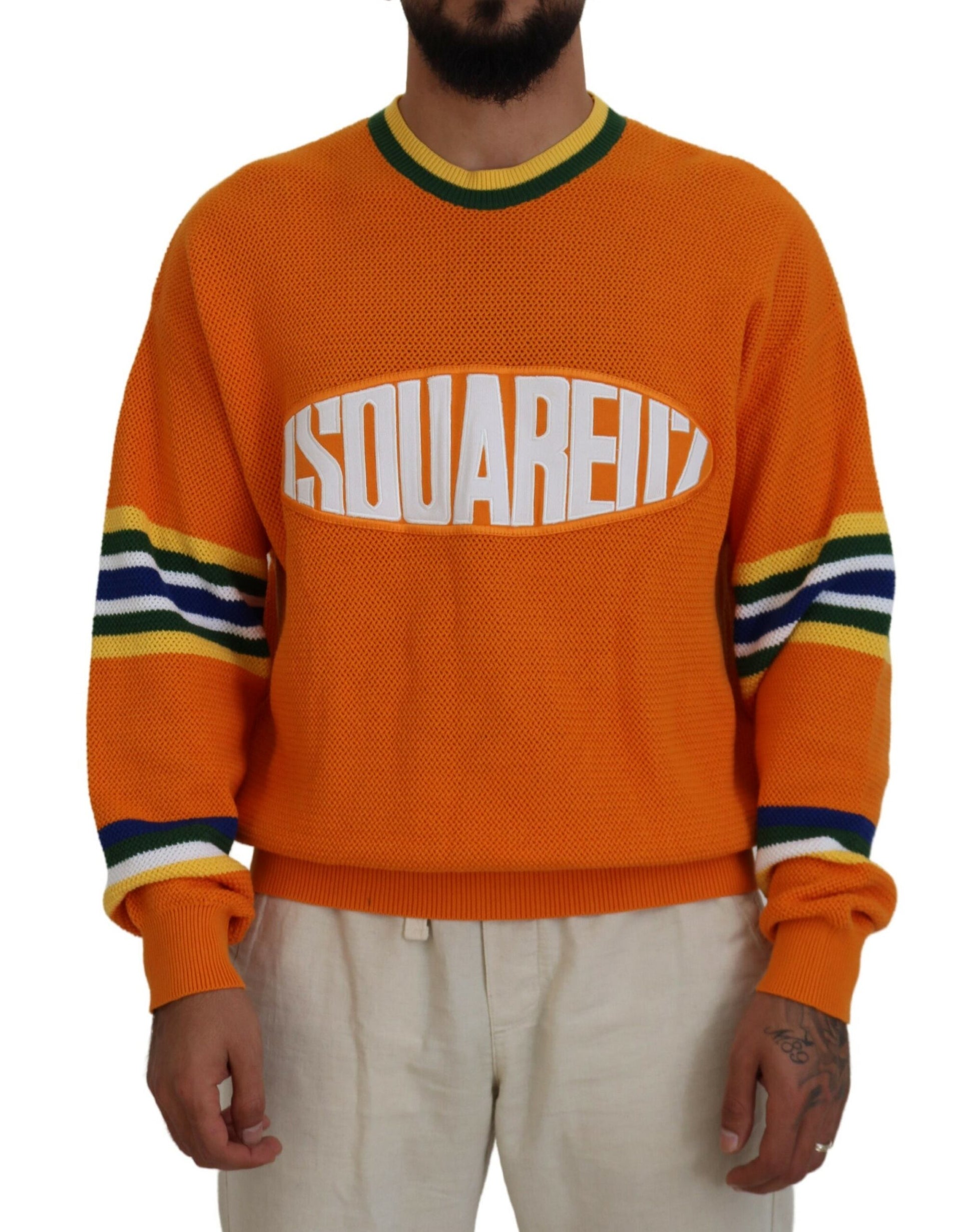 Man wearing orange sweater with white lettering