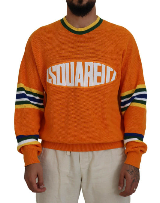 Man wearing orange sweater with white lettering