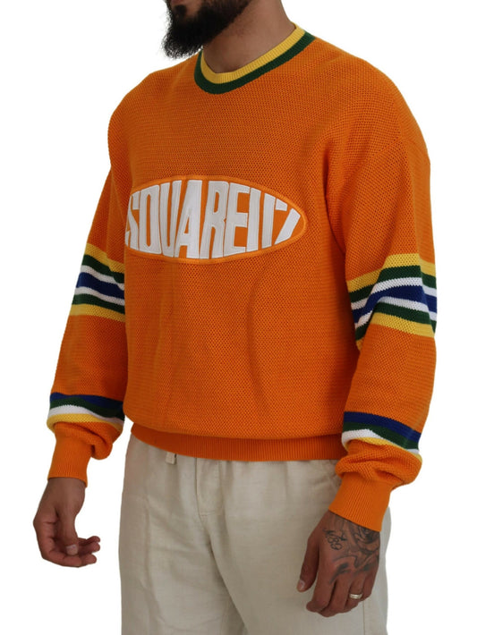 Man wearing orange sweater with white lettering