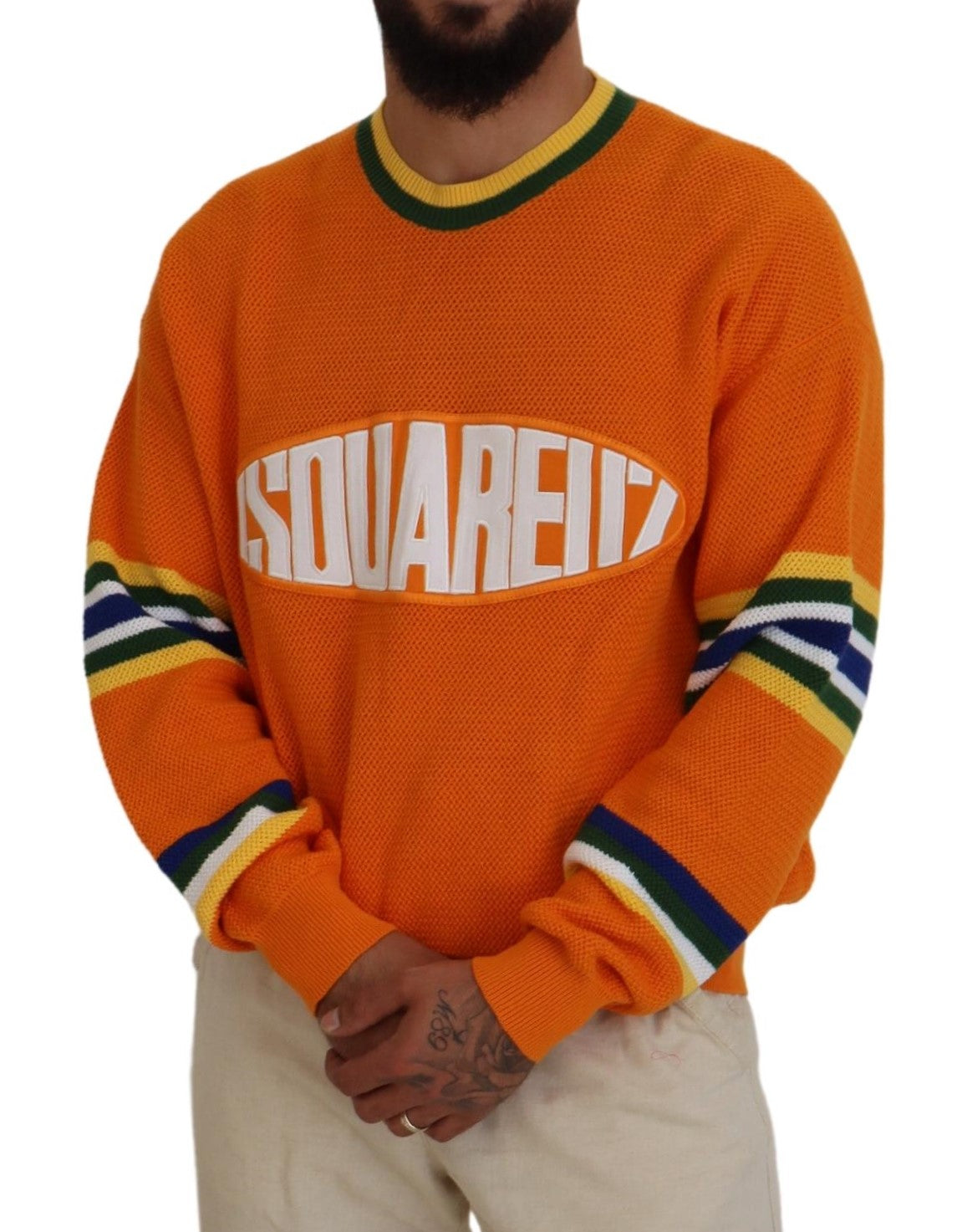 Man wearing orange sweater with white lettering