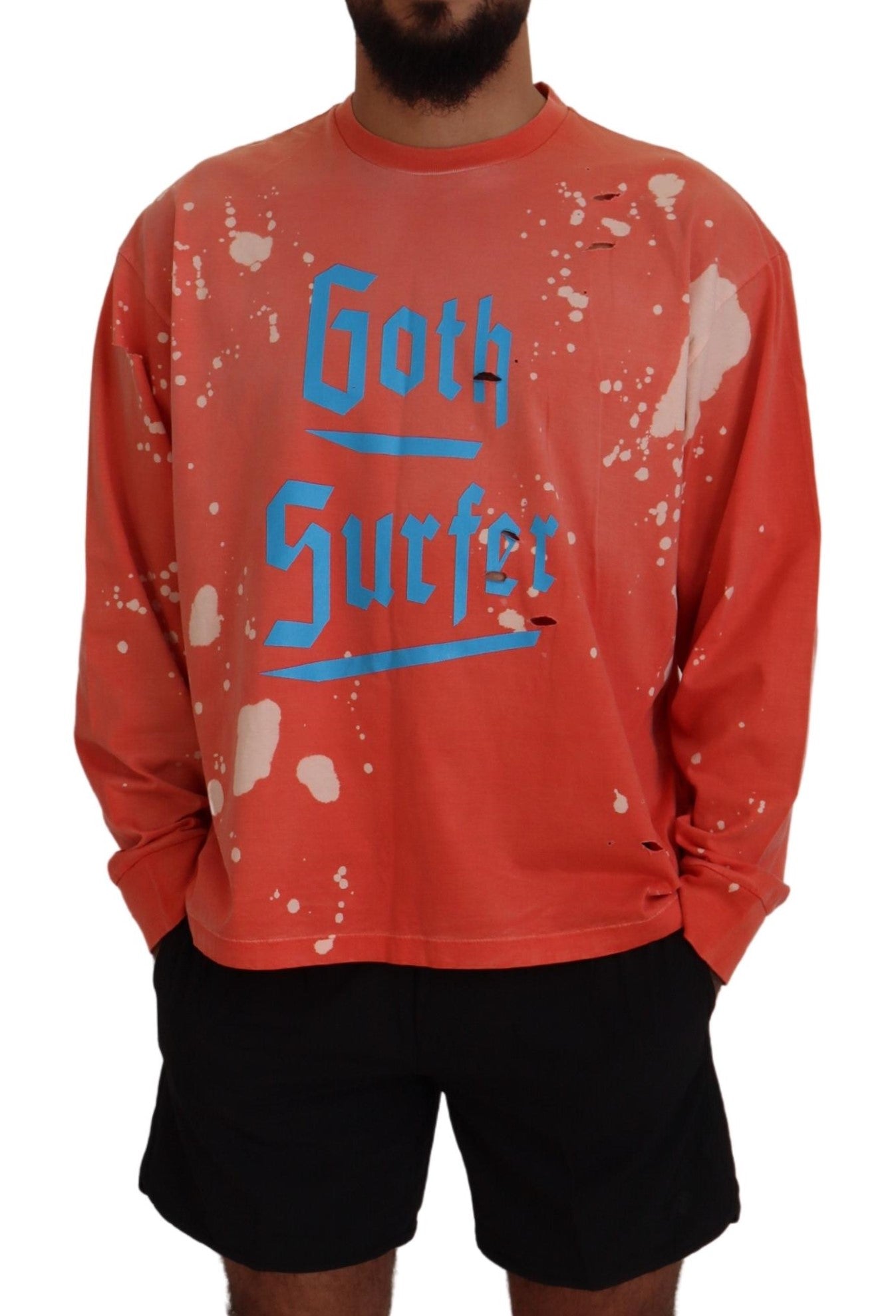 Man wearing red sweatshirt with blue lettering