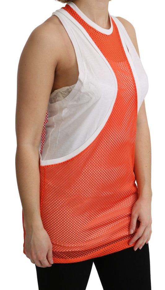 Orange tank top with white mesh panel on front