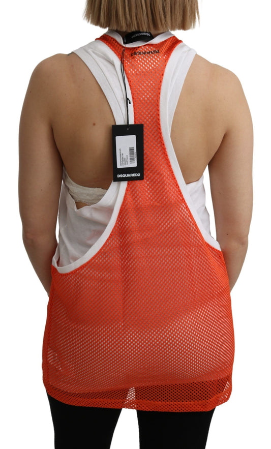 Orange mesh tank top with black tag on back