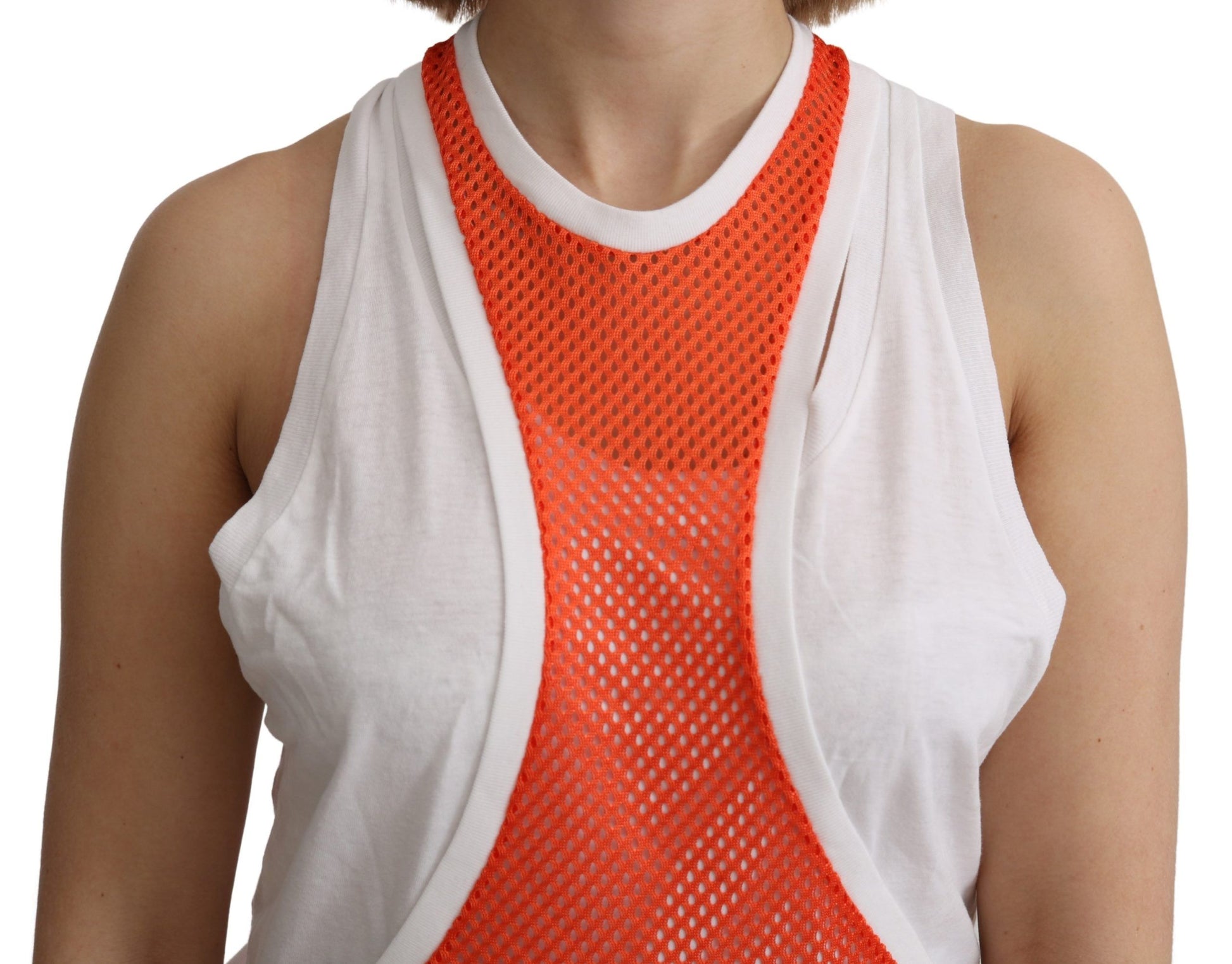 Red and white sports top on woman's torso