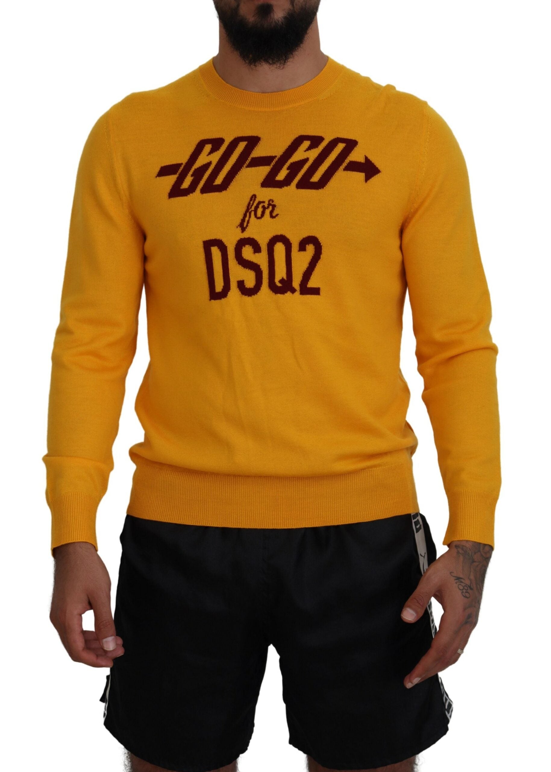 Man wearing yellow sweater with "GO-GO" written on front