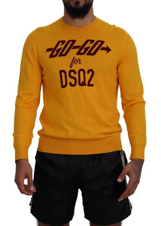 Man wearing yellow sweater with "GO-GO" written on front