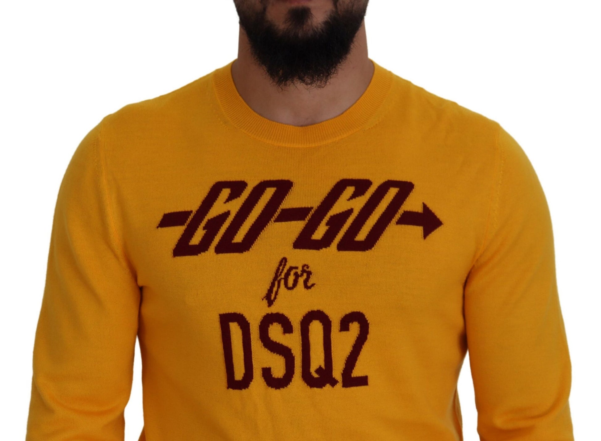 Yellow sweater with "go go" written on front in red letters