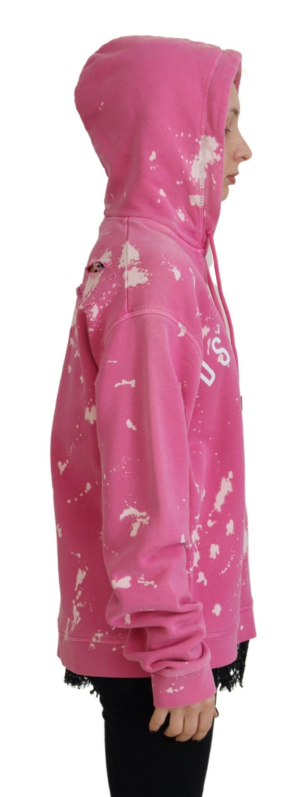 Pink hoodie with white paint splatters on front