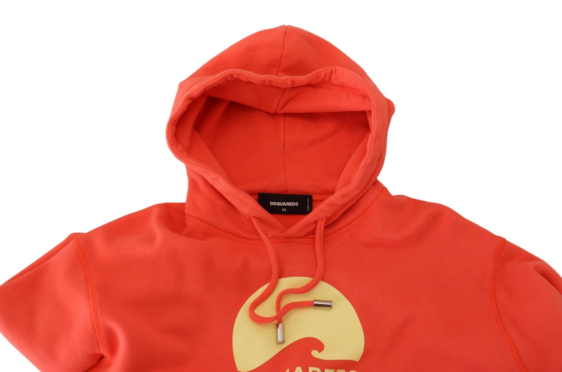 Red hoodie with yellow logo on front
