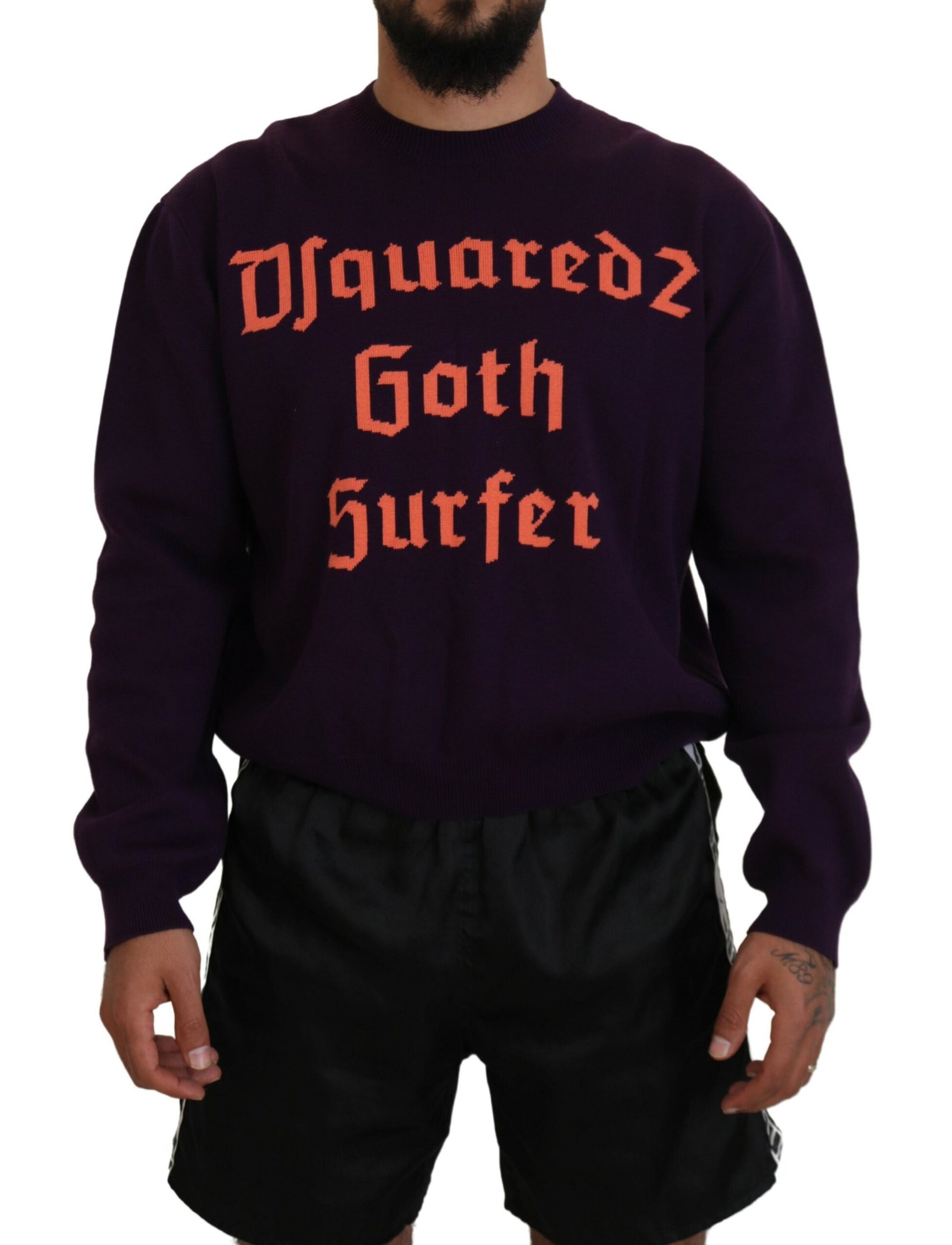 Man wearing purple sweatshirt with orange lettering