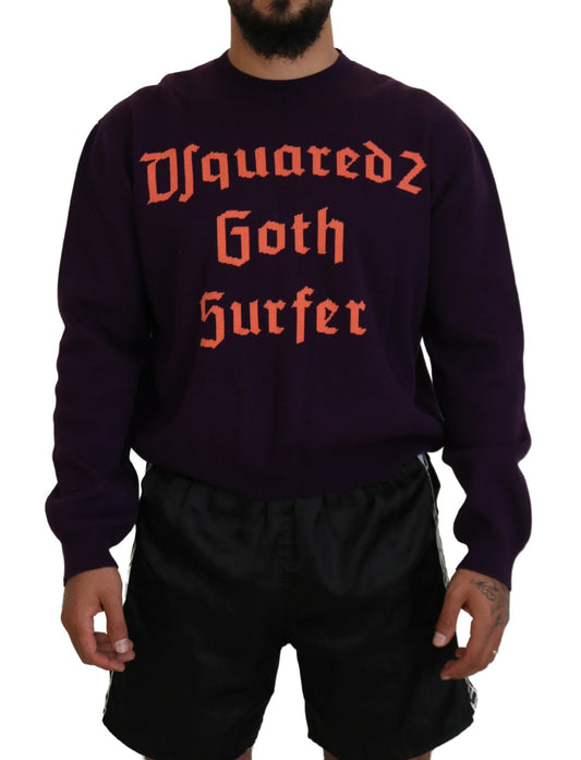 Man wearing purple sweatshirt with orange lettering