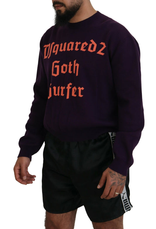 Man wearing purple sweatshirt with red lettering
