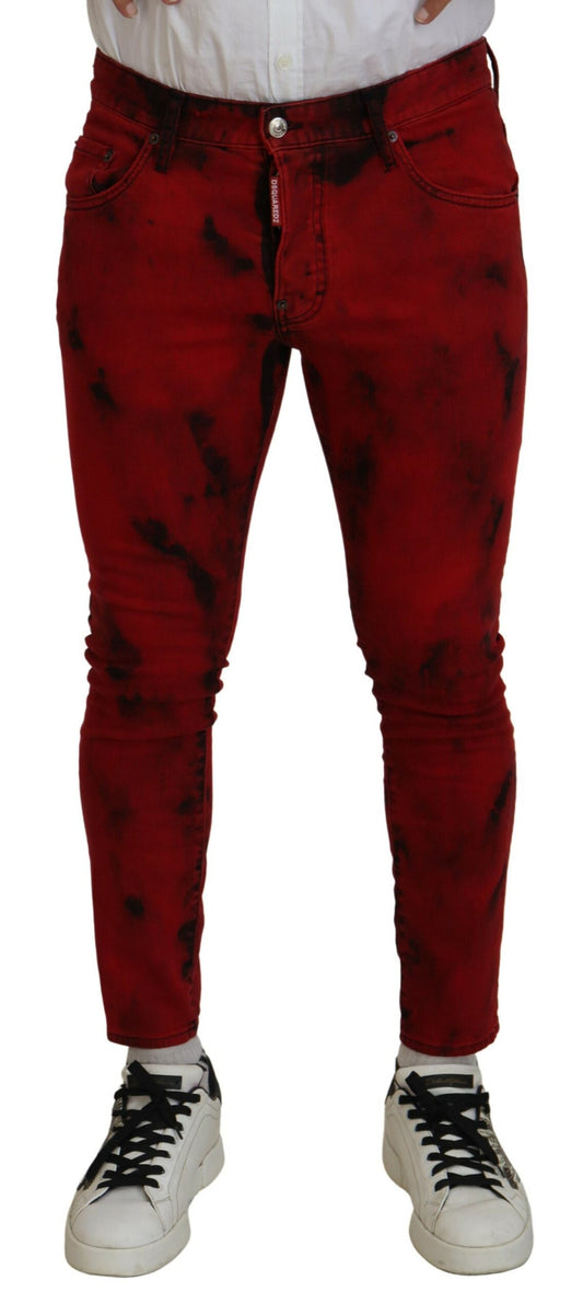 Red distressed jeans on a person